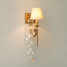 Vintage 1-Light Crystal Indoor Wall Sconce Bell Shade Bedside Wall Light with Capiz Shell Antique Brass / Bronze
