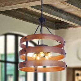 Vintage Farmhouse 5-Light Wood Drum Pendant Light Metal in Black Finish