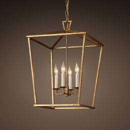 Vintage Geometric Cage Frame 4 Candle Light Kitchen Foyer Pendant Light in Brass Finish