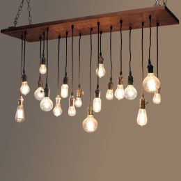 Vintage Industrial Loft Wood Plank 18-Light Large Linear Island Pendant Light Exposed Bulbs