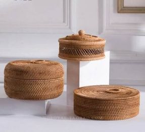 Vintage Solid Wood Rattan Storage Box With Lid Desktop Finishing Box Household Small Round With Lid Hand-woven Rattan Basket