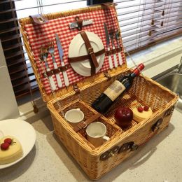 Wicker Basket Wicker Camping Picnic Basket Outdoor Willow Picnic Baskets Handmade Picnic Basket Set for 4 Persons Picnic Party