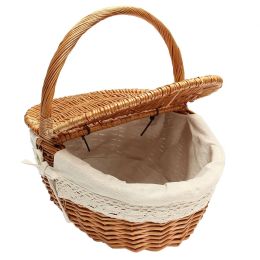 Wicker Willow Picnic Basket Hamper as Shopping Bag with Lid and Handle and White Liner for Outdoor Camping Picnic Carrying Food